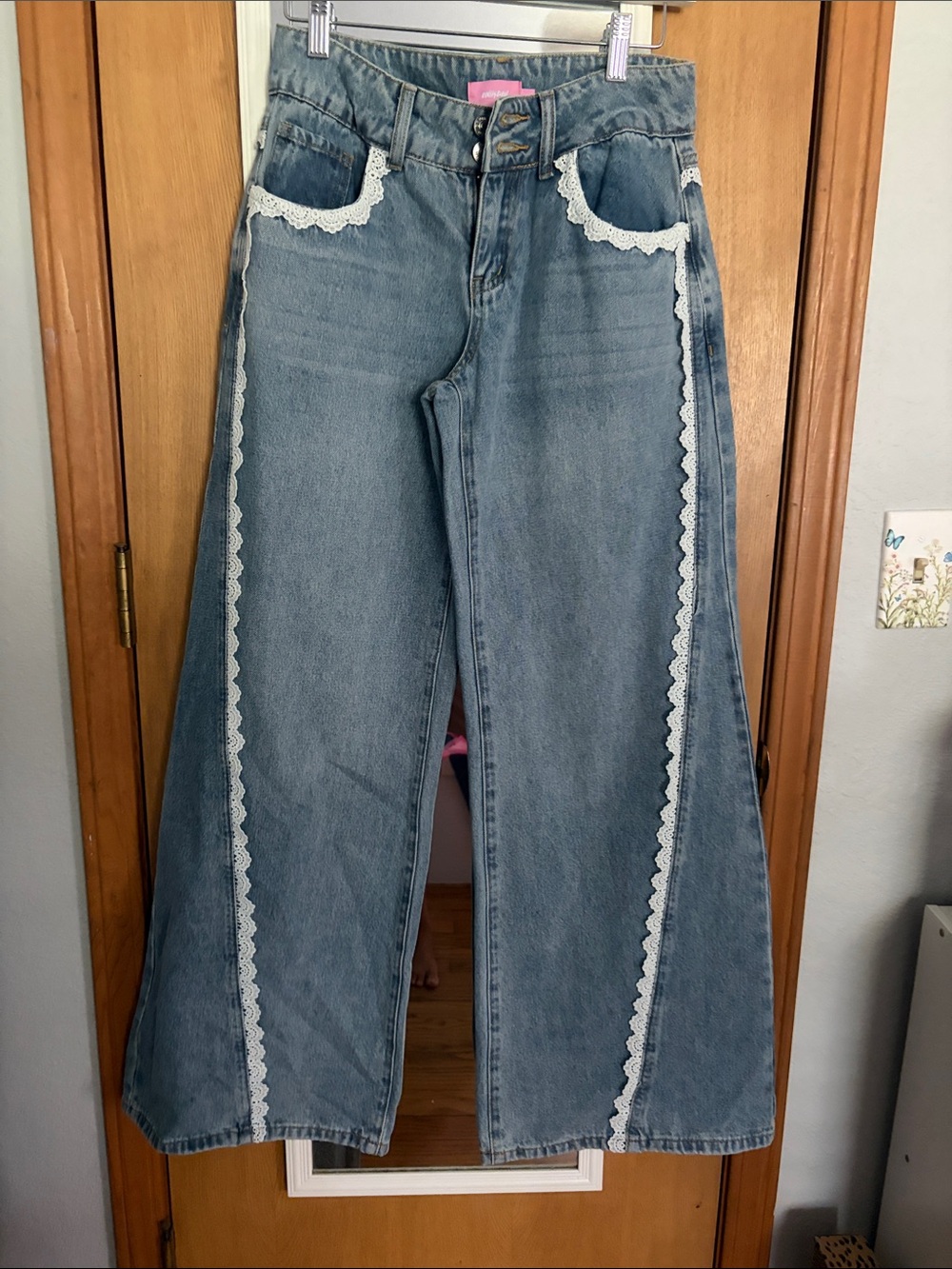 Edikted Light Blue Wide-Leg Jeans with White Lace Trim